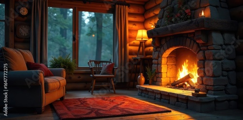 Warm, inviting hearth fire glows in a cozy forest cabin, casting dancing shadows on rustic wooden walls and a stone fireplace Perfect for autumn, winter, or cozy home themes , peace, cozy, texture