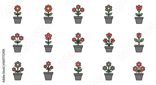 Colorful cartoon flowers in gray pots on a white background