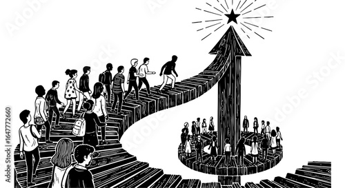 Diverse group of people ascends a winding path towards a shining star, symbolizing collective journey to success, growth, and ambition.