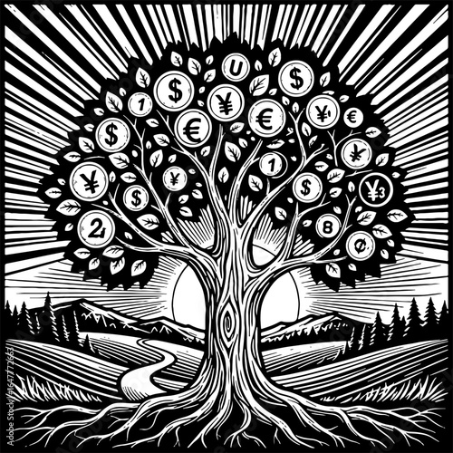 Money tree illustration with global currency coins, financial growth, investment, and wealth concept. Black and white woodcut style.