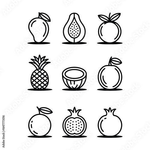 Exotic fruit line symbol set with mango papaya pineapple coconut and pomegranate thin outline vector for tropical menu design