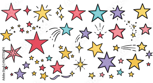 Colorful cartoon stars in various sizes and colors on white background