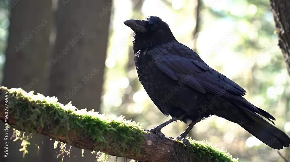 Black Crow Perched on Mossy Branch in Sun Dappled Forest Black Crow Perched on Mossy Branch in Sun Dappled Forest