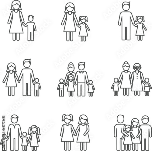 Vector icons set of family, parents, children, and couple silhouettes