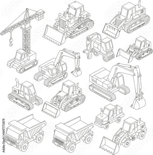 Vector art of collection of isometric line art drawings of various heavy construction vehicles and machinery, including excavators, bulldozers, cranes, and dump trucks, isolated on a white background