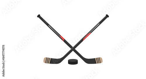 Hockey sticks and puck on a white background