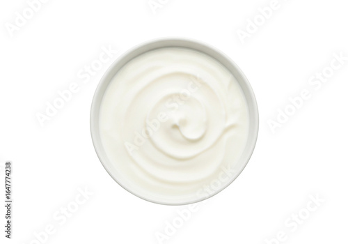 Creamy White Yogurt or Sour Cream in a Bowl. Top View of Fresh Dairy Product with Swirls, Isolated on White Background.
