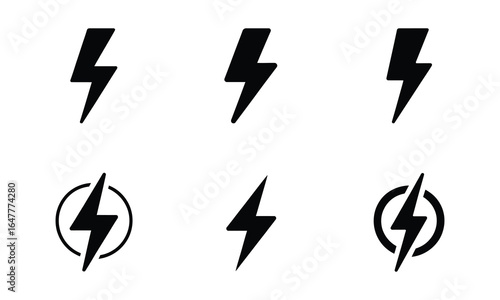 Lightning bolt energy icon set with sharp vector silhouettes for electricity speed power and renewable energy design projects