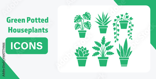 Green Potted Houseplant Icon Set in Minimalist Style featuring a variety of indoor plant species providing a fresh and modern design element