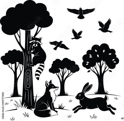 Vector art of a charming black and white illustration depicting a forest scene with a fox, rabbit, raccoon, and birds, set against a clean white background