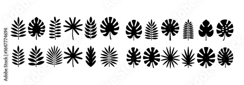 Tropical leaves silhouette icon set. Black vector graphic collection of exotic jungle foliage.