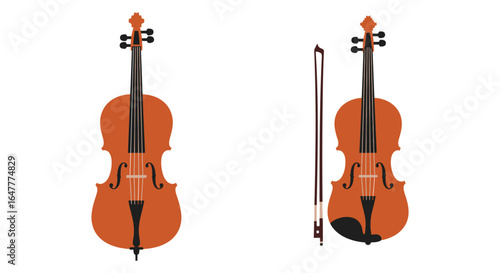 Two violins and a bow on a plain white background