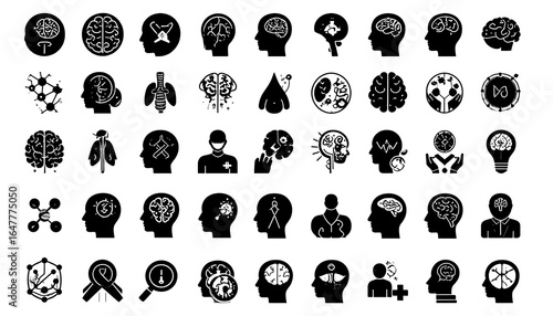 Set of Black and White Brain Icons Representing Neurological Processes and Mental Health