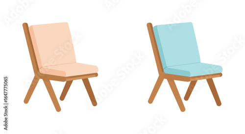 Two wooden chairs with colored cushions side by side
