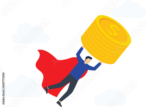 Help with the financial crisis. Businessman hero holding a bag of money soars in the sky. Vector

