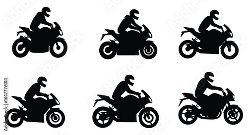 Silhouettes of motorcyclists riding motorcycles in various positions