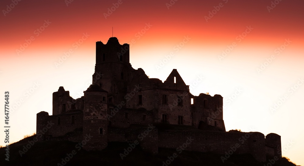 Obraz premium Ch�teau m�di�val silhouette rouge coucher soleil dramatique. AI Generated