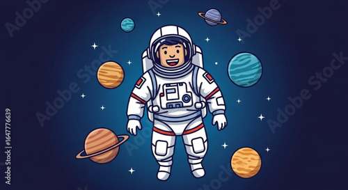 Cartoon astronaut floating in space surrounded by planets and stars on a dark blue background