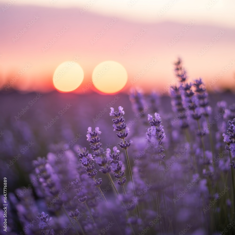 Naklejka premium Lavender field at sunset with double sun purple flowers