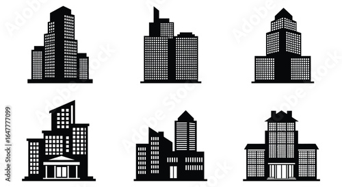 A collection of six different city skyscrapers and buildings
