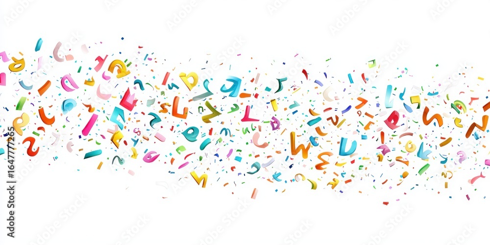 Naklejka premium Colorful letters scattered across a white background, creating a festive or celebratory effect. The letters are in various bright colors and appear to be floating or falling in a random pattern.