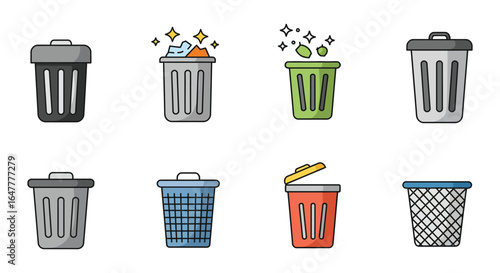 Collection of trash cans in different colors and styles