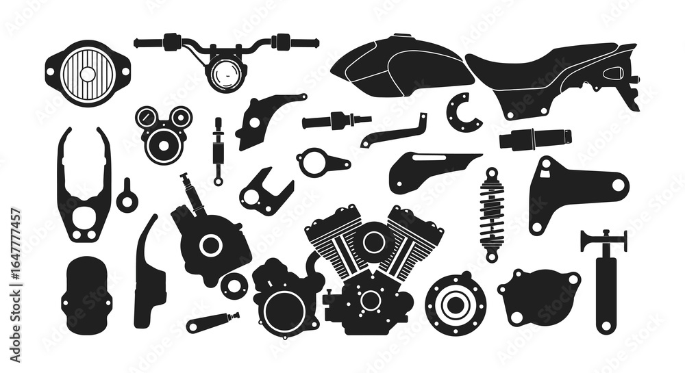 Collection of motorcycle parts and tools on a white background