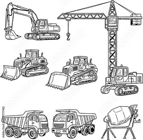 Vector art of collection of construction vehicles and machinery, including an excavator, crane, bulldozers, loaders, dump trucks, and a cement mixer, isolated on white background