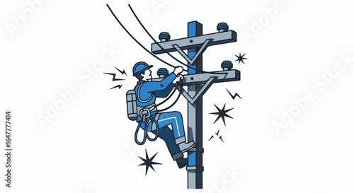 Cartoon Lineman Working on a Utility Pole with Electrical Wires