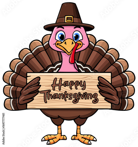 Cute cartoon thanksgiving turkey holding a sign that reads Happy Thanksgiving