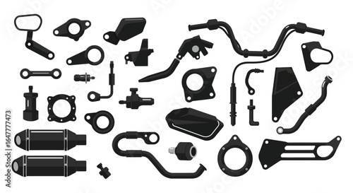 Collection of motorcycle parts and accessories on a white background