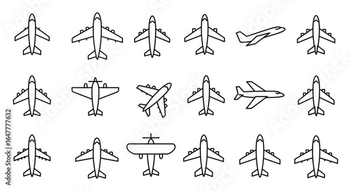 Airplane icons in various views and angles on white background