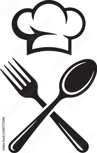 Minimalist Black Restaurant Service Vector Icon – Chef Hat, Plate, Fork, Spoon, Knife, Hand Tray Silhouette for Cafe Menu, Catering Logo, Hospitality Branding  Clean Modern Design
