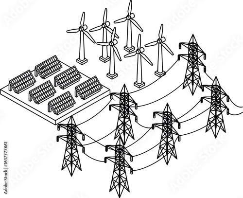Vector art of renewable energy generation with wind turbines and solar panels connected to the electricity grid via transmission towers and lines, isolated on white background