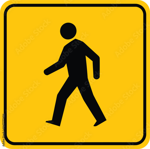 A yellow pedestrian crossing sign with a black silhouette of a walking man isolated on white background, indicating a designated area for pedestrians