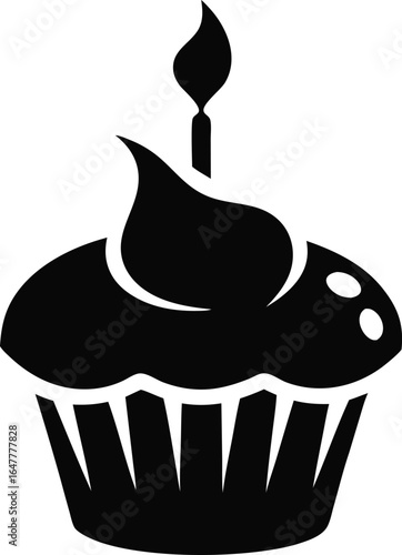 Cupcake with Candle Icon Silhouette Vector Illustration