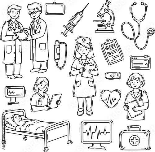 Vector art of collection of medical professionals, patients, and equipment in a hospital setting, isolated on white background