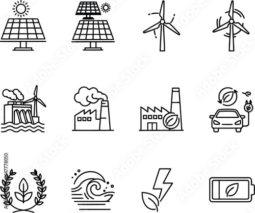 Vector art of collection of renewable energy icons including solar panels, wind turbines, electric car charging, hydroelectric power, factory, and battery storage, isolated on white background