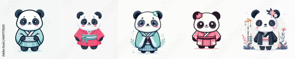 Naklejka premium cute panda vector in kimono costume