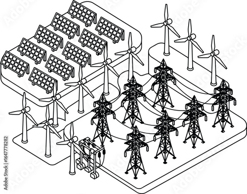 Vector art of renewable energy generation with solar panels and wind turbines connected to electricity transmission lines and towers, representing a sustainable power grid infrastructure