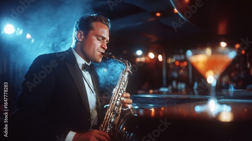 A suave saxophonist in a tuxedo plays under ambient lighting in a smoky jazz bar, creating a sophisticated and nostalgic atmosphere.