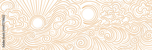 Sun, moon, cloud pattern, bg. Line sea, ocean wave