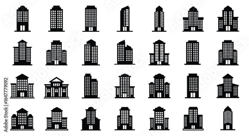 Collection of various city buildings and skyscrapers in black silhouette