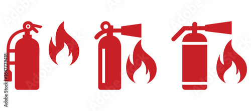 Fire Extinguisher and Safety Sign Icon Set – Flammable Warning, Emergency Symbols, and Public Space Pictograms