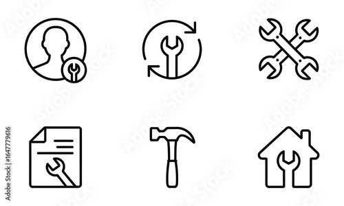 Minimalist maintenance and repair icon set with profile refresh document hammer house and wrench symbols in thin line style