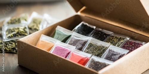 Fototapeta Naklejka Na Ścianę i Meble -  A cardboard box containing small packets of various dried herbs and spices, neatly organized and displayed on a wooden surface.