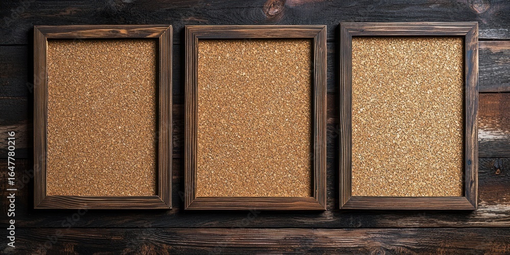 Fototapeta premium Three empty corkboards framed in dark wood, arranged side by side against a rustic wooden wall. The boards are blank, suggesting a space for notes or messages.