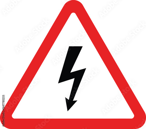 High voltage warning sign with a lightning bolt in a red triangle, isolated on white background, indicating the presence of dangerous electrical hazards