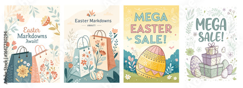 Colorful Easter sale graphics featuring decorated eggs and shopping bags, perfect for spring promotions.