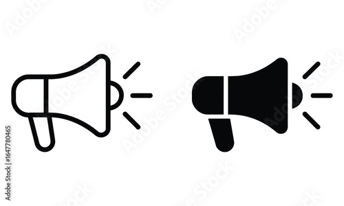 Minimalist megaphone icon set with thin line and solid black versions showing sound waves and broadcast in modern style